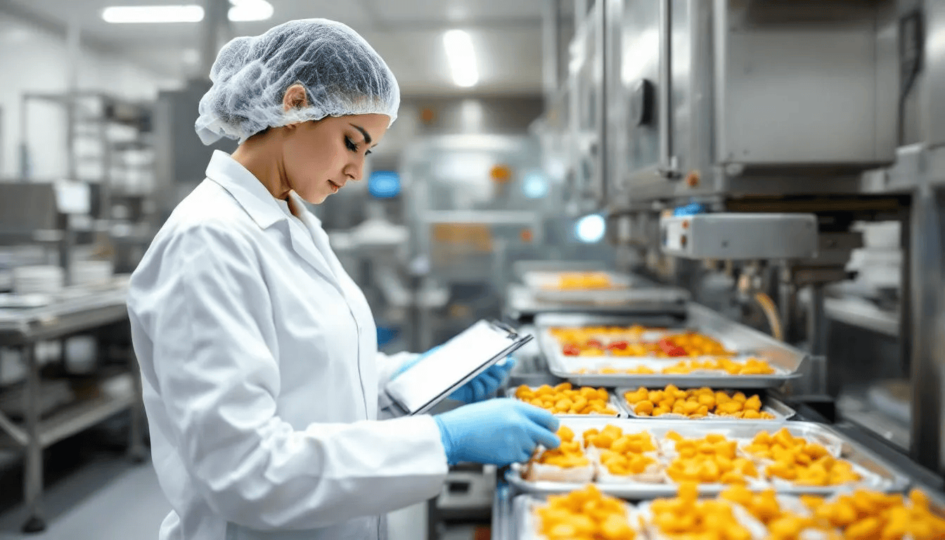 Un inspecteur qualité examine des produits alimentaires sur une ligne de production, s'assurant de leur conformité aux normes de sécurité alimentaire et aux exigences du British Retail Consortium (BRC). Cette inspection est essentielle pour garantir la qualité et la sécurité des produits destinés aux distributeurs et consommateurs.
